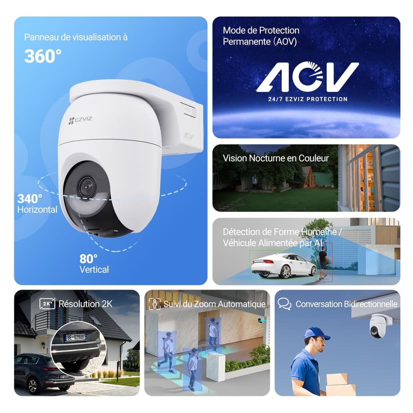 EZVIZ 2K+ Caméra Extérieure sans Fil avec Mode AOV, Caméra à Batterie PT avec Détection de Personnes et de Véhicules, Vision Nocturne Couleur & Défense Active, WiFi 6, CB8 Lite 4MP+5W Panneau Solaire - 2
