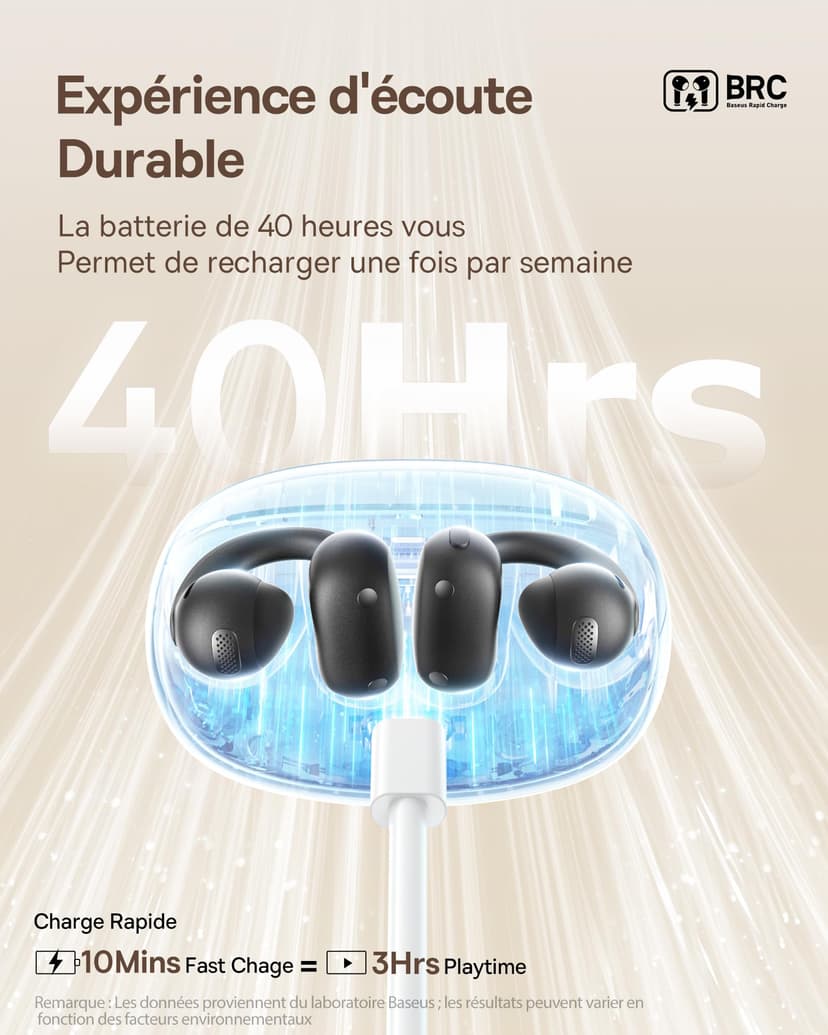 Baseus Bowie MC1 Casque Ouvert, Ecouteur Conduction Osseuse avec Son Impressionnant, Renforcement des Basses Adaptatif, Bluetooth 5.4, Réduction du Bruit Lors des Appels, IP57, Autonomie de 40h - 6