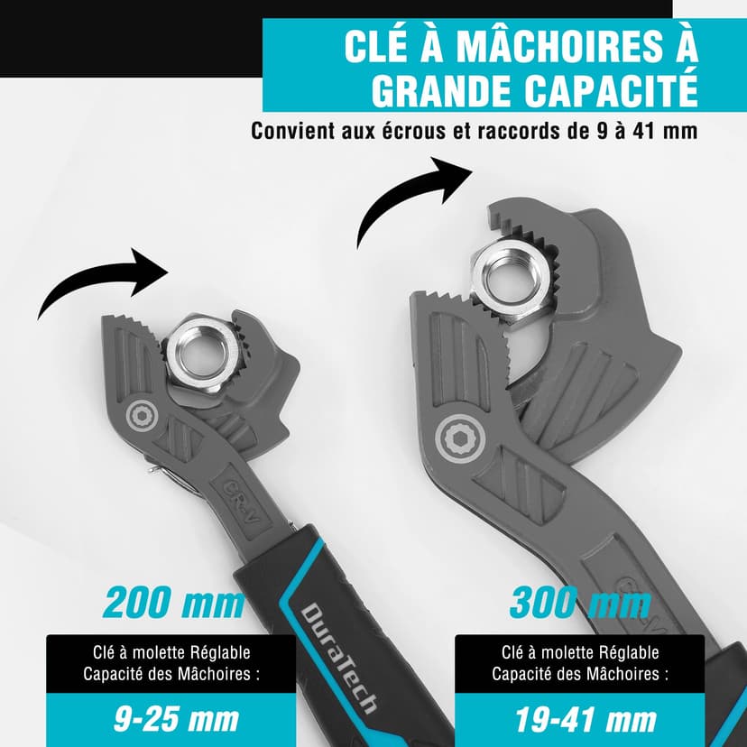 DURATECH Clés Réglables Serre-Ecrou 200 mm & 300 mm, Clé Multifonction en Acier CR-V, Kit de Clés Universelles pour Tuyaux, Écrous et Réparations - 6