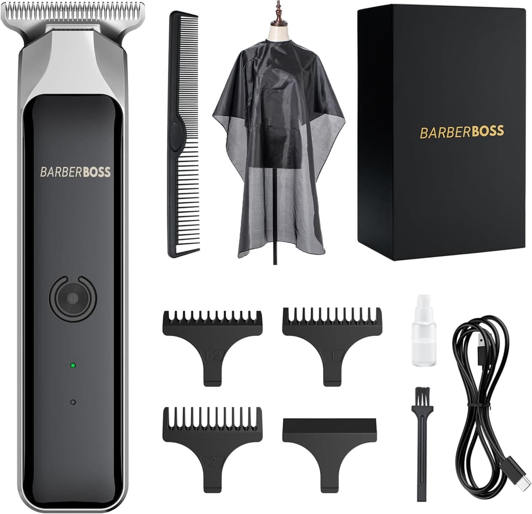 BarberBoss Professional Facial Groomer, Beard Trimmer, Hair Clipper Men, Detail Trimmer, USB Rechargeable, Red/Green Light, Stainless Steel T-Blade, QR-2090