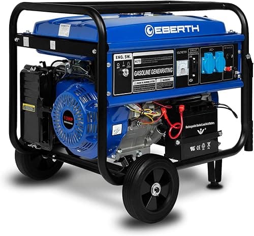 EBERTH 5500 Watt Groupe électrogène Générateur électrique portable moteur à essence 13 CV, 4 temps, 2x 230V, 1x 12V, monophasé, démarrage électrique, régulateur AVR, sécurité niveau d'huile avec roues