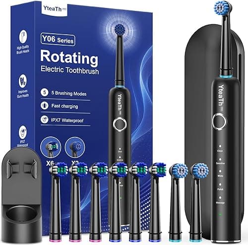 Rotating Electric Toothbrush with 8 Brush Heads (2 Types) for Adults and Kids, 60-Day Battery Life, Wireless Wall Charging Station, 5 Modes Power Toothbrush with Travel Case