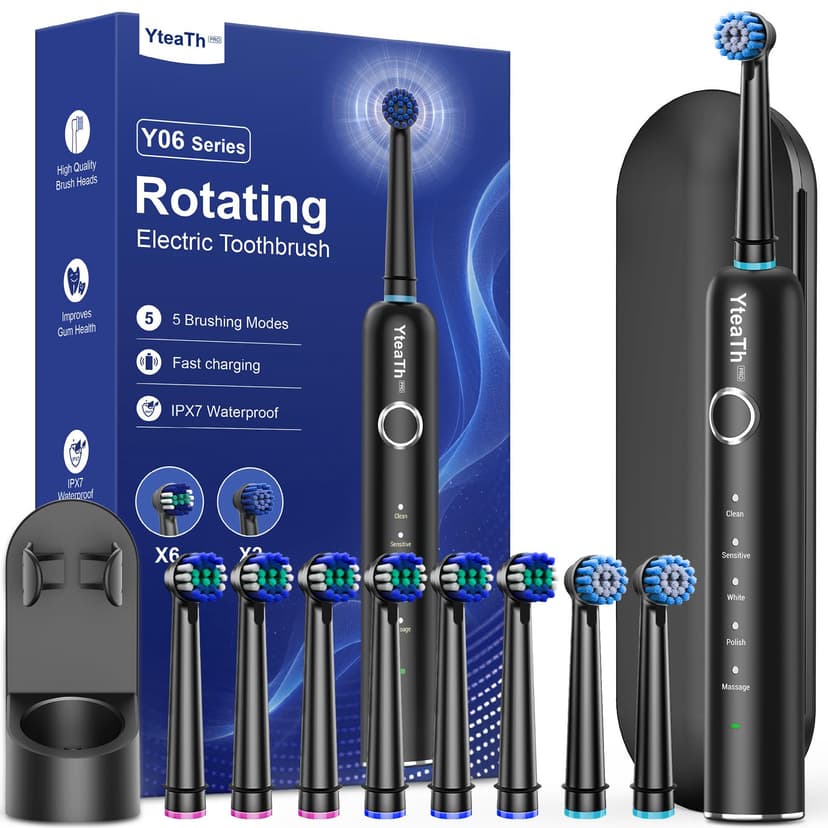 Rotating Electric Toothbrush with 8 Brush Heads (2 Types) for Adults and Kids, 60-Day Battery Life, Wireless Wall Charging Station, 5 Modes Power Toothbrush with Travel Case - 1