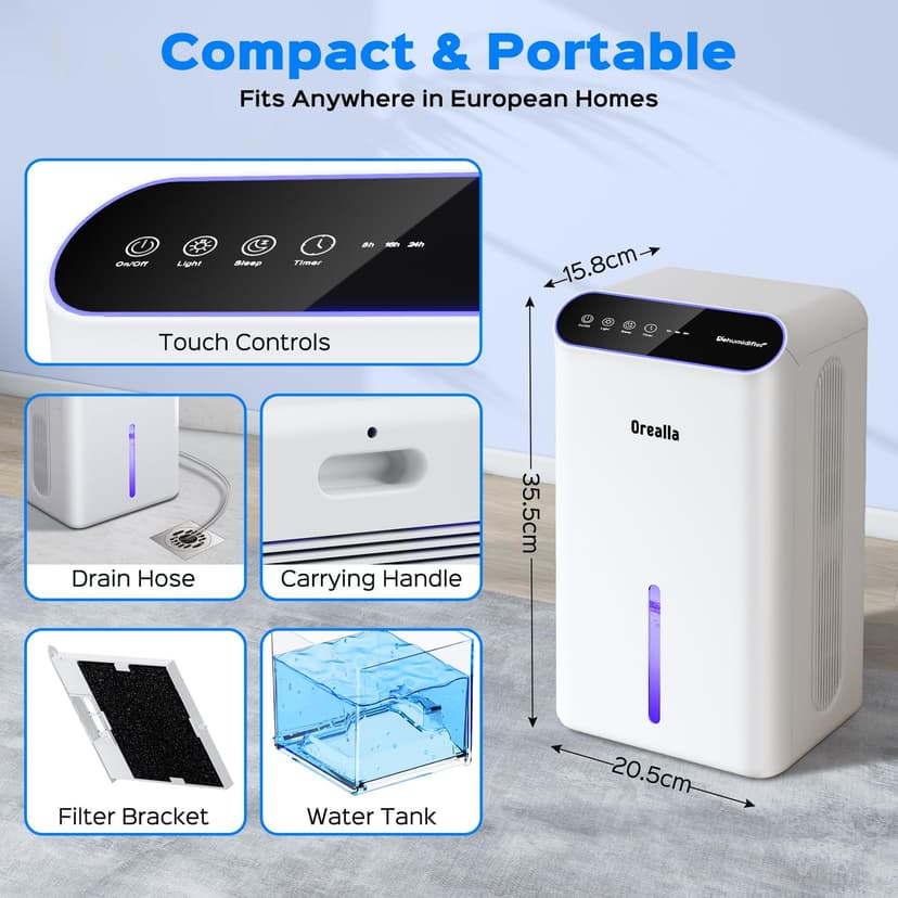 Deshumidificateur d Air 2.5L - Déshumidificateur d'air Electrique pour Maison avec Mode Nuit Silencieux 30 dB Minuterie, Deshumidificateur Anti Moisissure pour Salle de Bain Chambre Cave - 7