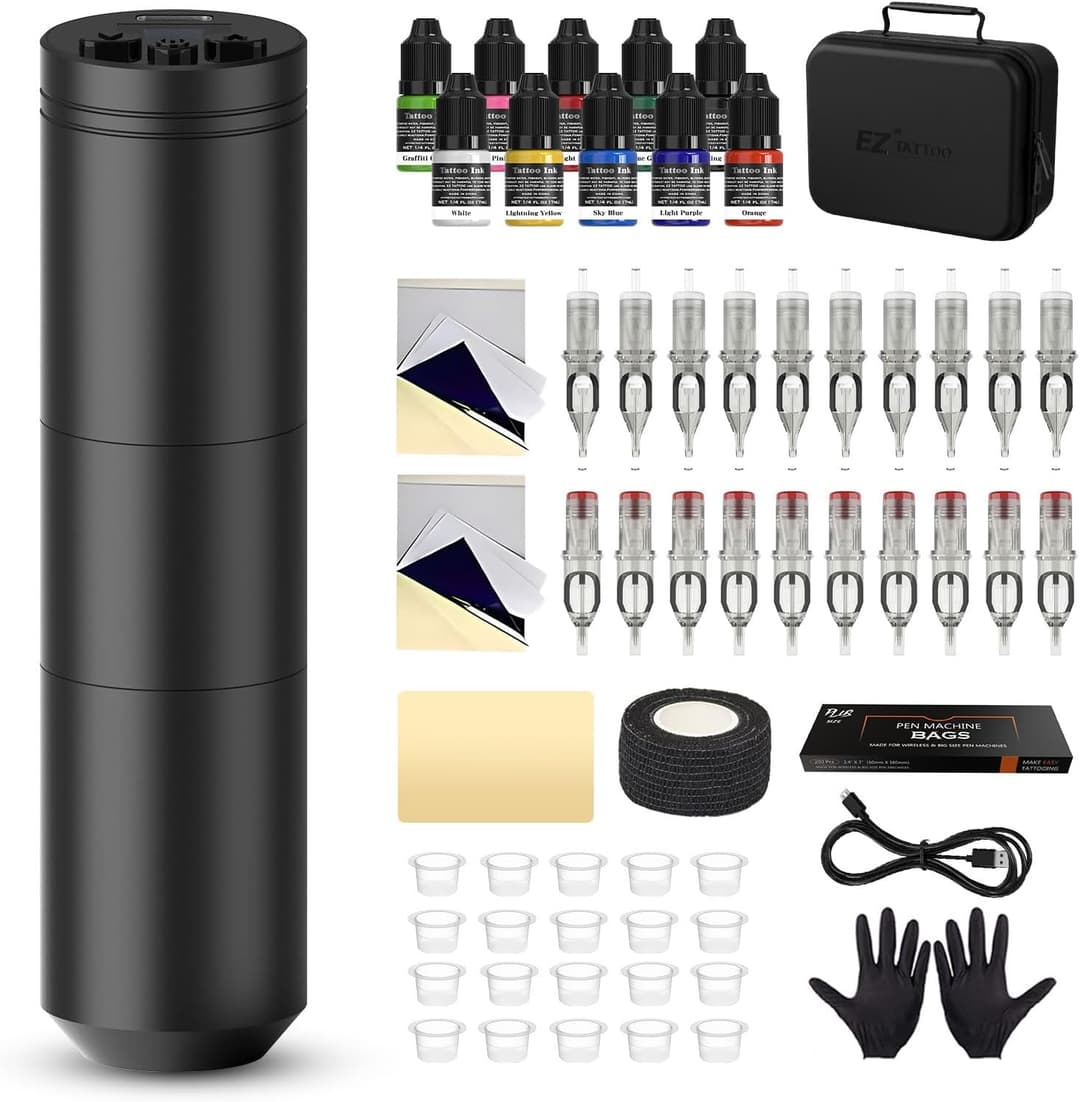 Lancer Black EZ Tattoo Kit - Wireless Tattoo Machine, 1500mAh Battery, 20pcs Needles & 10 Color Inks for Beginners & Artists