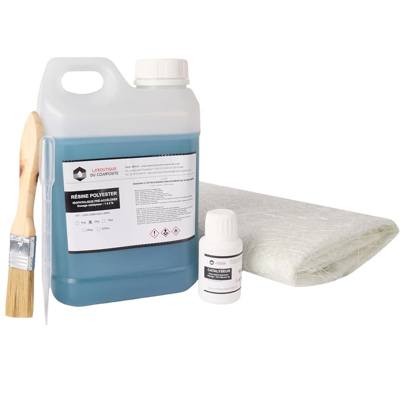 Kit de Résine Polyester 2kg avec 60g de Catalyseur, 2m² de Mat de Verre 300g - Inclus Pinceau et Pipette - Idéal pour Projets de Réparation et Créations DIY de La Boutique du Composite - 1