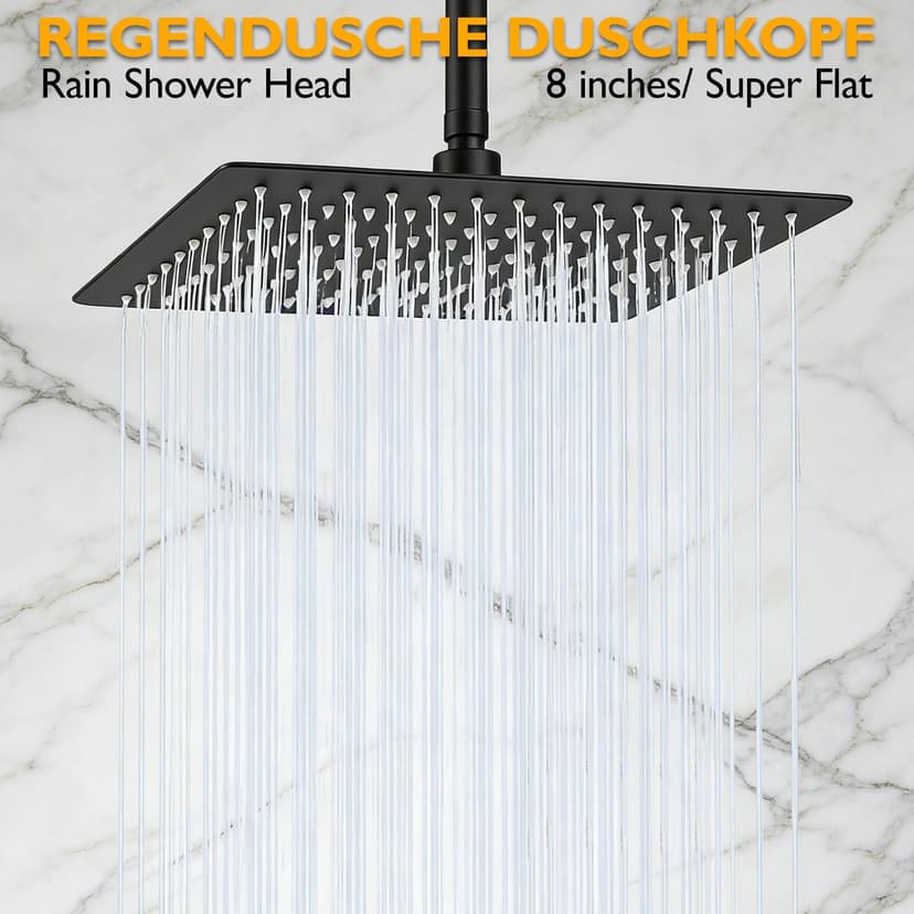 Bubuny Rain Shower Head Square Stainless Steel Shower Head 20 x 20 cm Adjustable Square with Self-Cleaning Nozzles Black - 2