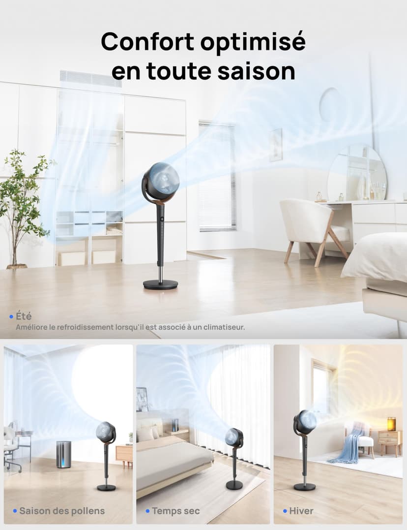 DREO ventilateur sur pied très silencieux avec télécommande, ventilateur grand format 20 dB avec moteur CC, oscillation 120°, 3 modes, hauteur réglable 94–107 cm, ventilateur de sol TurboPoly™ 512 - 7
