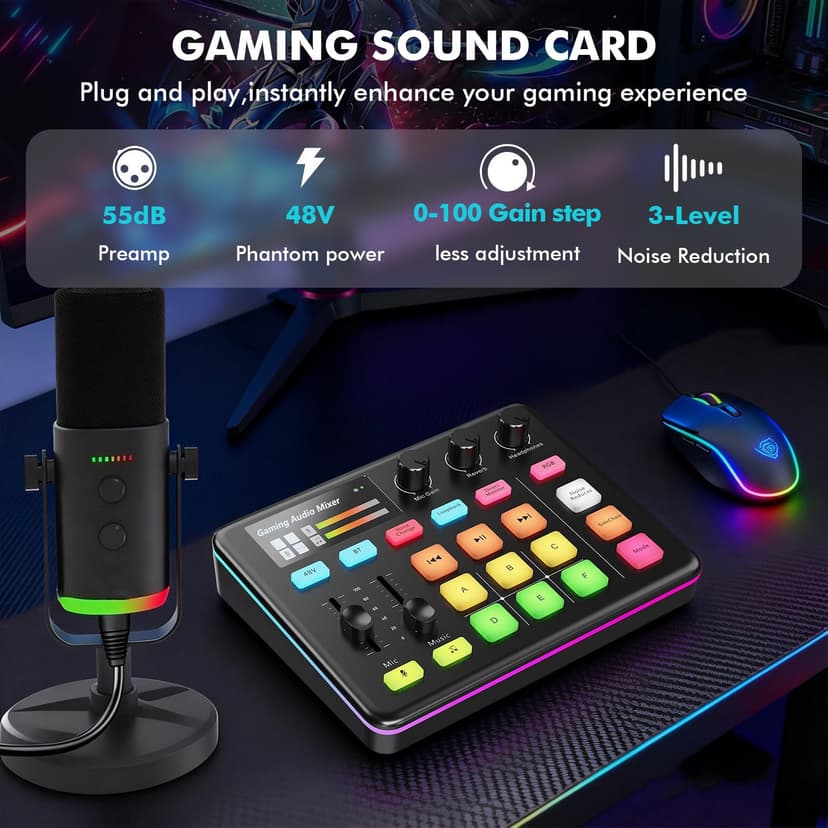 G1 Neo Audio Mixer, Gaming Audio Mixer, RGB Sound Card for XLR Microphone, Streaming Audio Interface, 48V Phantom Power, Custom Sound Effects - 2