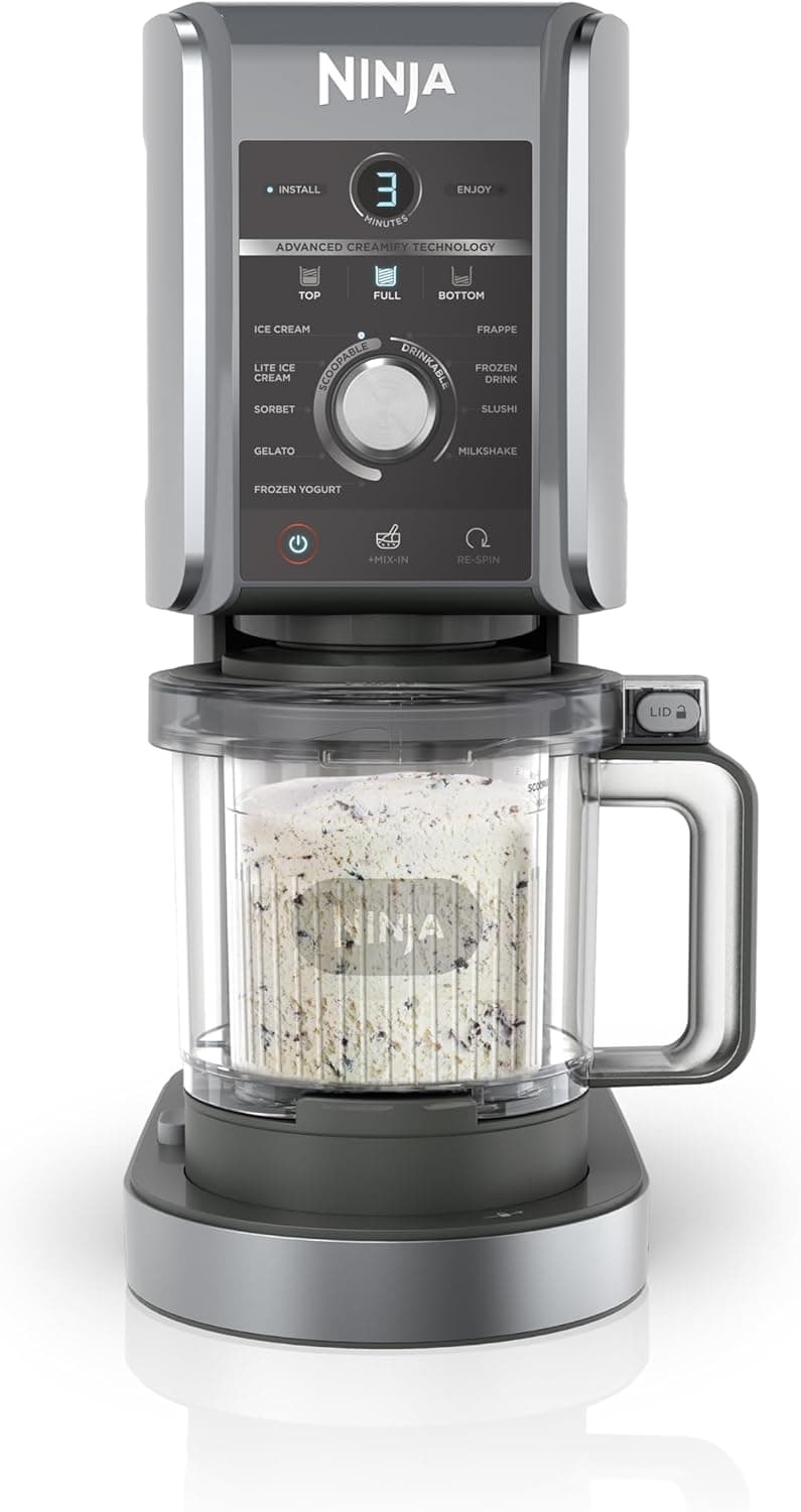 Ninja CREAMi Gelatiera Deluxe con 2 Vasetti, 10 Funzioni, Produce Gelato, Sorbetti, Yogurt, Frullati, Granite e altro ancora, Formato Famiglia, Opzione 2 Gusti in 1 Vaschetta, Argento, NC502EU