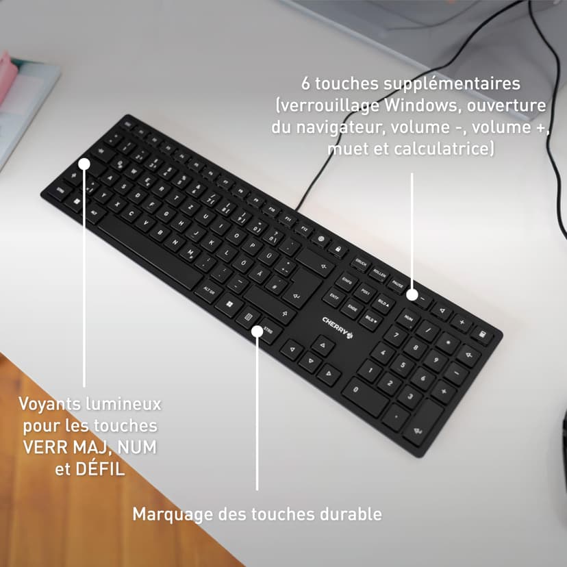 CHERRY KC 6000 Slim, Clavier au Design Ultra-Plat, Disposition Allemande (QWERTZ), Filaire (Port USB-A), Touches silencieuses, Marquage Durable, Noir - 6