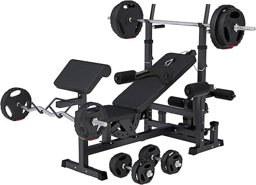 GORILLA SPORTS® Weight Bench - with 100kg Weights, Barbell Bar, EZ Curl Bar, Dumbbells, Adjustable, Rack, Dip Station, Preacher Pult, Leg Extension, Black or White - Training, Workout Bench, Multi Gym