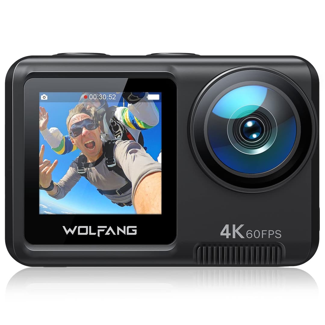 WOLFANG 4K 60FPS Caméra Sport GA400, 20MP WiFi 8M Corps Etanche Action Camera, 40M Sous-Marine Ultra HD 170 °Grand Angle, Sac à Main, EIS, Télécommande 2x1350mAhBatteries et Kit d'accessoires