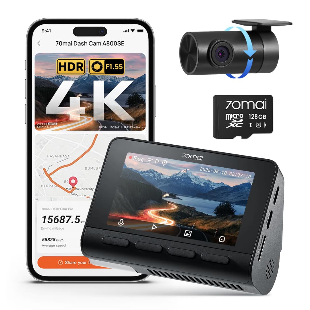 70mai A800SE Dash Cam Car Front Rear 4K UHD+1080P with GPS WiFi, Dual Car Camera with 128GB SD Card, F1.55 Aperture HDR, Night Vision, ADAS, 3 "IPS, 24/7 Parking Monitoring, Supports 512 GB Max