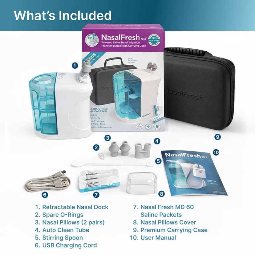 NASALFRESH MD Premium Bundle – Dual Powered Nasal Irrigation System – Sinus Decongestant Relief System – 60 Saline Packets, Case, 2 Sets of Nose Pillows – Snoring Remedy - 8