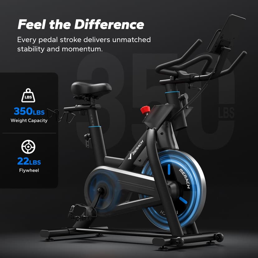 MERACH Heavy Duty Magnetic Exercise Bike with 22 lb Flywheel, 50% Improved Training Efficiency, Ultra-Quiet Design, Shock-Absorbing Extra Large Cushion, Indoor Bike with Exclusive App, Up to 350 lb - 3