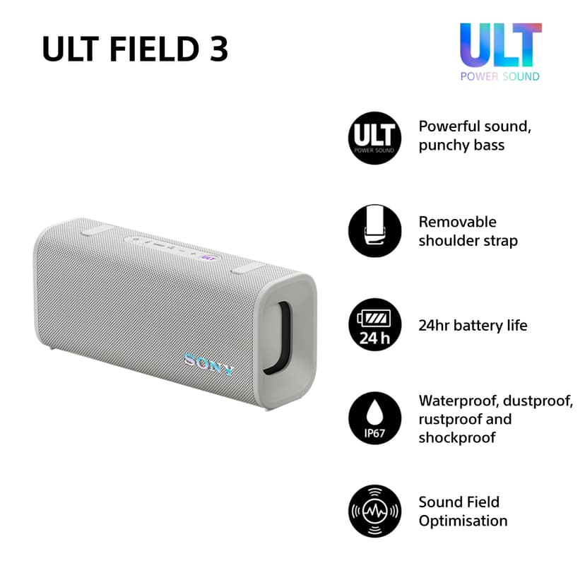 Sony ULT FIELD 3 - Portable Bluetooth Speaker with ULT POWER SOUND, 24hr Battery, IP67, Waterproof, Dustproof, Shockproof, Detachable Shoulder Strap, Compact - Off-White - 2
