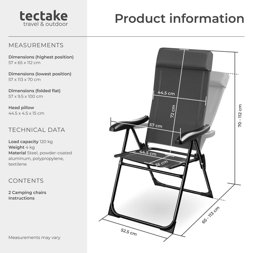 tectake® Set of 2 Folding Camping Chairs with Adjustable Backrest & Soft Head Cushion, Durable Camping Chair Set with Weather-Resistant Frame, Folding Chair Set for Travel, Garden, Patio - Anthracite - 6