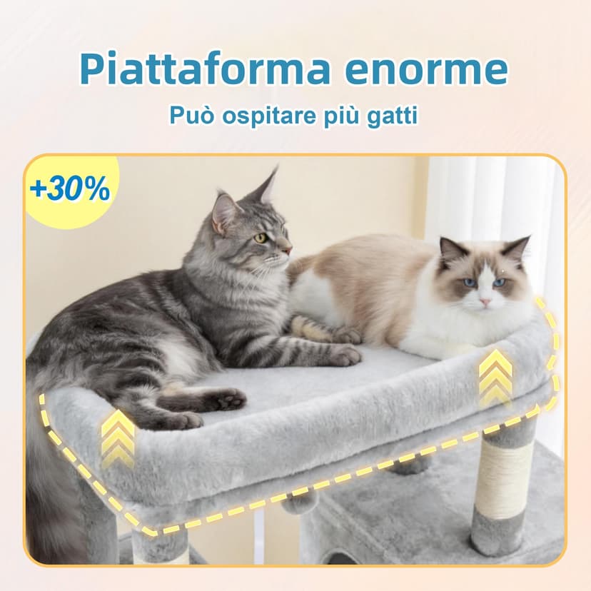 Hey-brother Arbre à Chat, Tour de Jeux Multiniveaux 144cm pour Maine Coon, avec 3 Grandes grottes, Plateformes spacieuses, Niche Confortable et Balle Peluche Suspendue, Gris Clair MPJ083W - 3