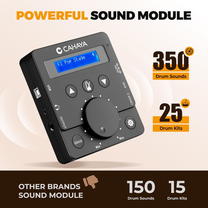 CAHAYA Batterie Électronique Kit Débutants – Avec Tabouret, Cymbales Double Déclencheur & Grosse Caisse Double Déclencheur, Peaux Maillées Silencieuses, 350 Sons, USB/MIDI & Casque, Portable - 2