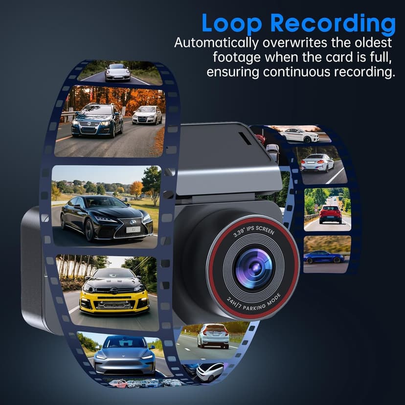 Dash Cam Front and Rear, 2.5K /1080P QHD Dual Dash Camera for Cars, Super Night Vision Dashcam, Loop Recording, 3.39” IPS, 64GB Card Included, 160° Wide Angle, Parking Mode - Black Pro - 5