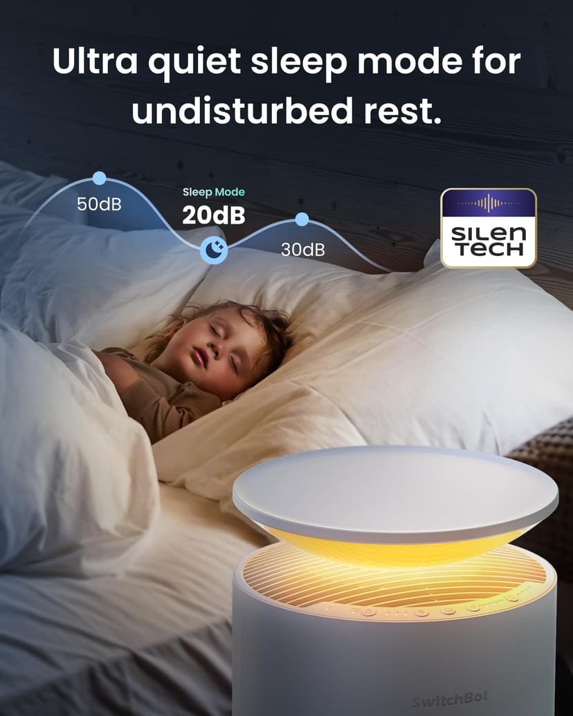 SwitchBot Air Purifier with Night Light, CADR 400m³/h for up to 83㎡, 3-Layer Filtration System removes 99.97% of pollutants, 20dB Sleep Mode, Supports Alexa&App Control, Chew-Proof Wire ideal for Pets - 6