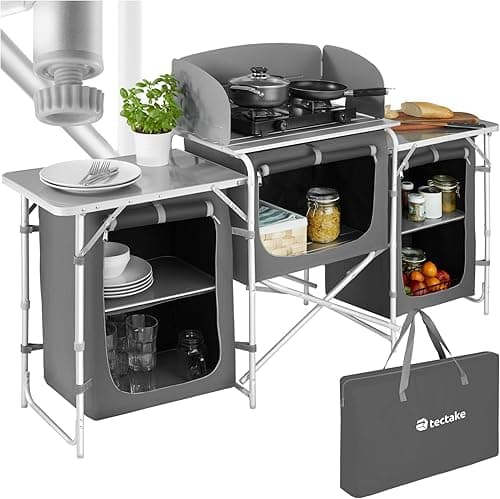 tectake® Meuble de Rangement Cuisine de Camping Pliable XXL en Aluminium, avec 5 Étagères, Plan de Travail, Pieds réglables, Sac de Transport Inclus, Stockage pour Vaisselle, Accessoires Cuisine