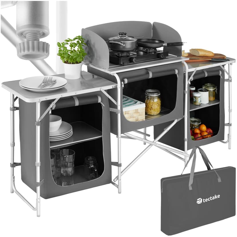 tectake® Meuble de Rangement Cuisine de Camping Pliable XXL en Aluminium, avec 5 Étagères, Plan de Travail, Pieds réglables, Sac de Transport Inclus, Stockage pour Vaisselle, Accessoires Cuisine - 1