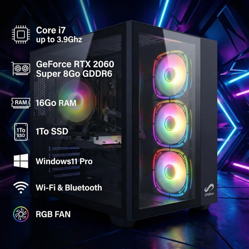 STGsivir PC Gamer Fixe, Ordinateur Gaming, GeForce RTX 2060 Super 8Go,Core i7 3.4-3.9G, 16Go RAM, 1To SSD, 600M WiFi, BT 5,0, RGB Fanx6, windows11pro - 2