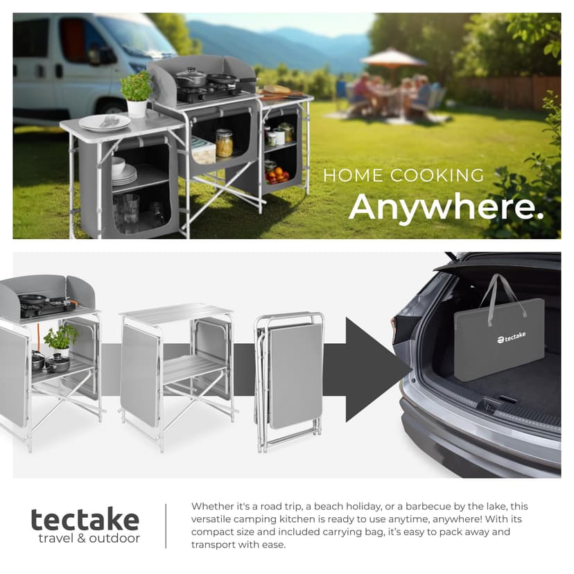 tectake® Portable Camping Kitchen with 5 Internal Shelves, Heat-Resistant Worktop, Wind Barrier & Zipped Doors - Outdoor Storage Cupboard with Lightweight Aluminium Frame, Incl. Carry Bag - Grey - 8