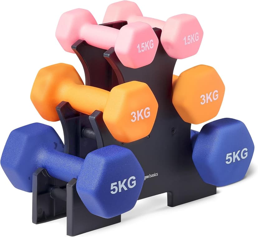 Amazon Basics Ensemble d'haltères en néoprène avec support, lot de 3 (1.5 kg, 3 kg, 5 kg), Multicolore - 1