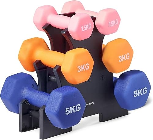 Amazon Basics Ensemble d'haltères en néoprène avec support, lot de 3 (1.5 kg, 3 kg, 5 kg), Multicolore