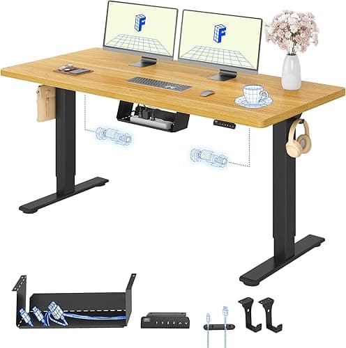 FLEXISPOT Bureau Debout 140x80x(73-123) cm réglable en Hauteur électrique, Panneau de Commande à Fonctions mémoire, Bureau à télétravail (Cadre Noir + Plateau en érable)