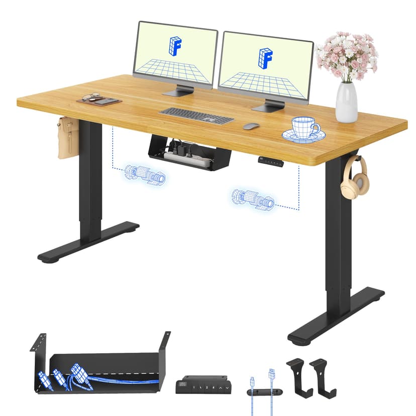 FLEXISPOT Bureau Debout 140x80x(73-123) cm réglable en Hauteur électrique, Panneau de Commande à Fonctions mémoire, Bureau à télétravail (Cadre Noir + Plateau en érable) - 1