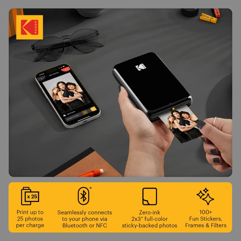 KODAK Step Instant Smartphone Photo Printer, Portable Mini Color Wireless Mobile Printer, Zink 2x3” (5.1x7.5 cm) Sticky-Back Photos, Bluetooth Compatible with iOS & Android Devices, Editing App, Black - 2