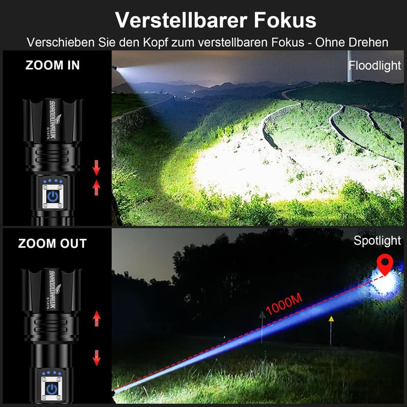 Shadowhawk LED Torch 500,000 Lumens, Extremely Bright USB Rechargeable Tactical Flashlight with Holster XHP70.2, IP67 Waterproof 5 Light Modes for Camping Hiking Emergencies - 4