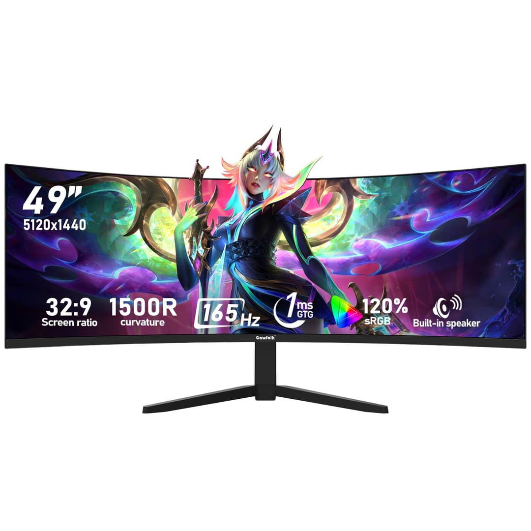 Gawfolk 49 inch Ultra-Wide Curved 1500R Gaming Computer Monitors, DQHD(5120×1440), 165Hz, 1MS, FreeSync, 120% sRGB, Built-in speaker PC Screen, HDMI2.1&DP1.4, Wall-mounted compatible 100*100mm- Black
