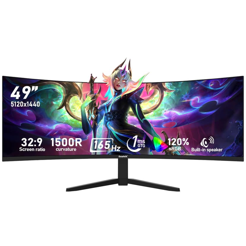 Gawfolk 49 inch Ultra-Wide Curved 1500R Gaming Computer Monitors, DQHD(5120×1440), 165Hz, 1MS, FreeSync, 120% sRGB, Built-in speaker PC Screen, HDMI2.1&DP1.4, Wall-mounted compatible 100*100mm- Black - 1