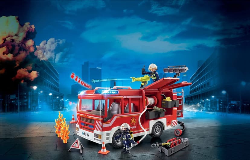 PlayMOBIL 9464 City Action Fire Engine with Working Water Cannon, fire fighter and helicopter Toy, Fun Imaginative Role-Play, Playset Suitable for Children Ages 4+, Vanaf 5 Jaar - 6