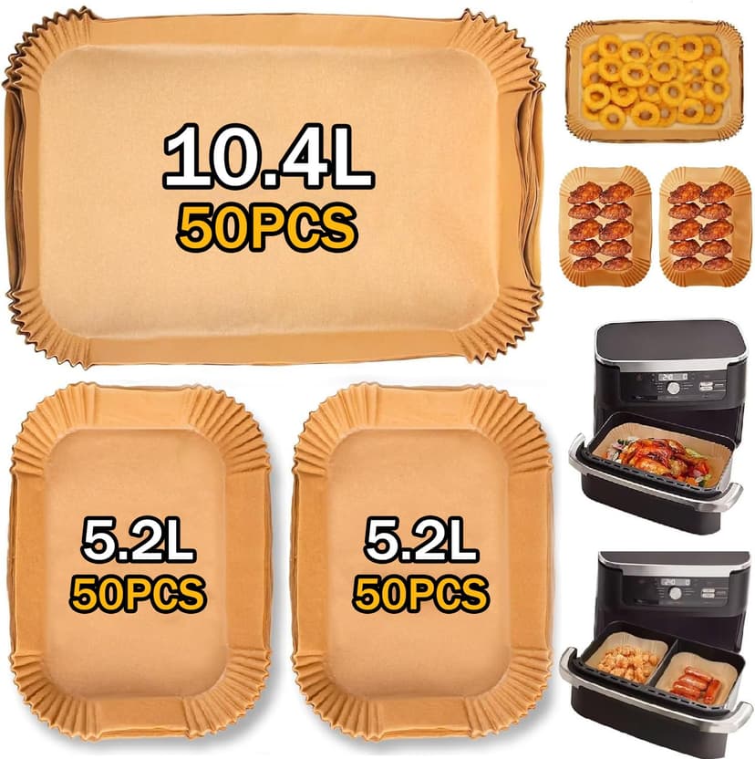 Pack of 150 Air-Fryer Liners Baking Paper for Hot Air Fryer Ninja AF500EU AF500EUCP, Cecotec 9000, 100 Pieces Rectangular for 5.2L, 50 Pieces for 10.4L & 10L Various Two Sizes Air Fryers - 1