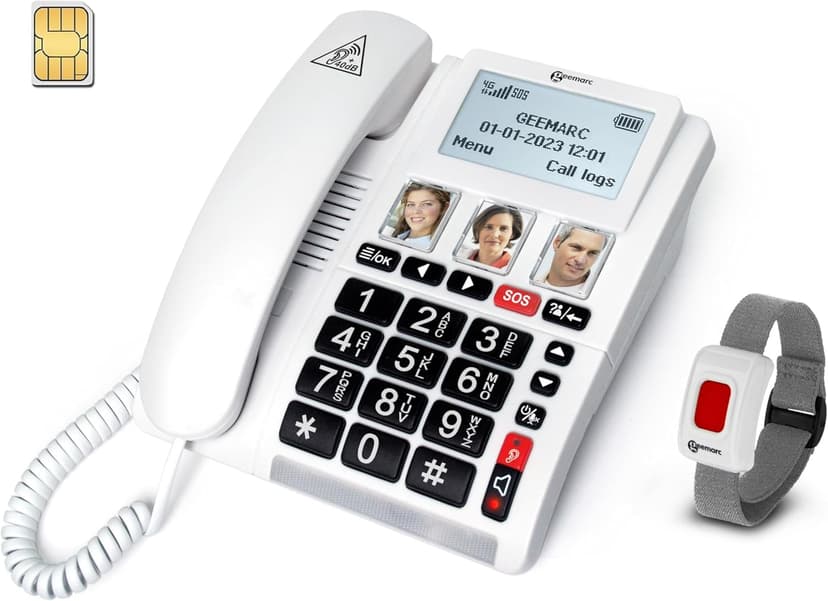 Geemarc CL9000 - Téléphone d’Appel d’Urgence pour la Maison et Son Bracelet SOS Étanche avec Gros Boutons, Volume Amplifié et Écran Rétroéclairé - Fonctionne Uniquement avec Carte SIM - 1