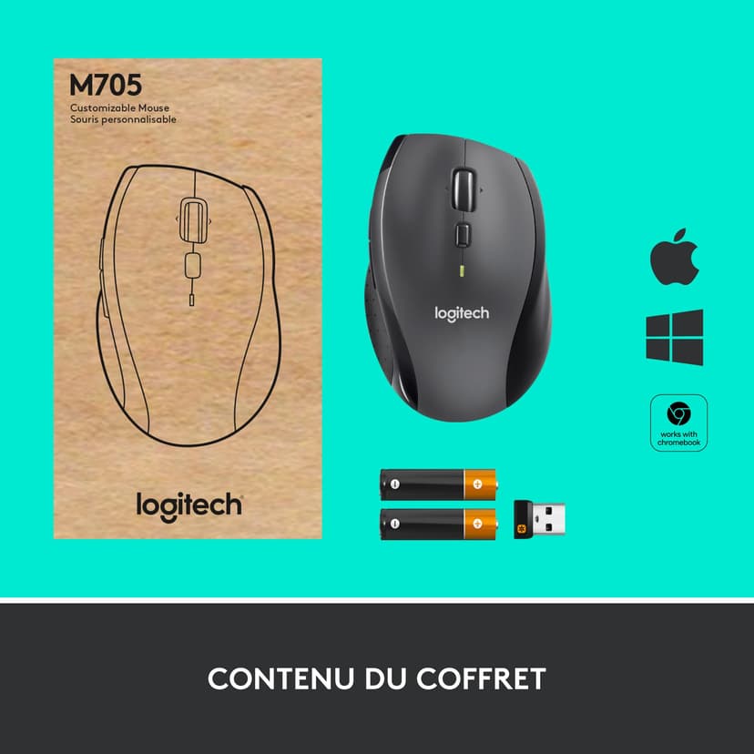 Logitech M705 Marathon sans Fil Souris, Récepteur USB Unifying 2,4 GHz, 1000 PPP, 5 Boutons Programmables, Pile Durée 3 Ans, Compatible PC, Mac, Ordinateur Portable, Chromebook - Graphite - 9