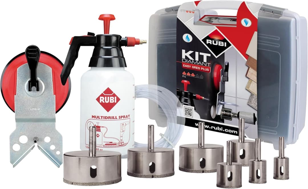 RUBI | Wet Easy Gres Diamond Drill Bits and Accessories (Set of 7) | MULTIDRILL guide + Water tank and hose + EASY GRES drills Ø 3/4", 1 1/8", 1 3/8", 1 3/4", 2", 2 1/2" and 3" and case