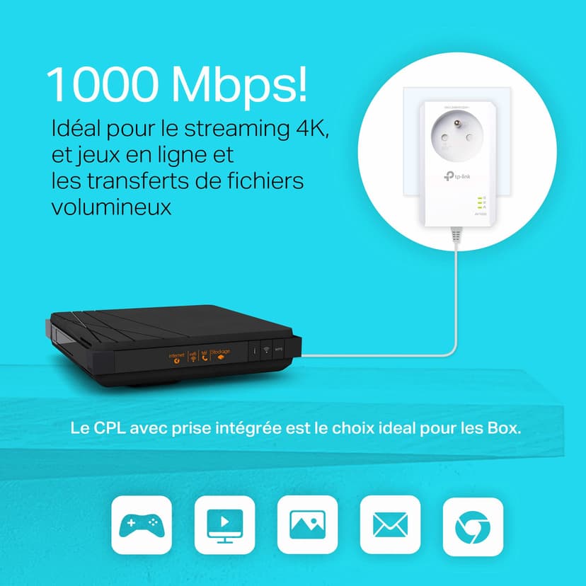 TP-Link CPL 1000 Mbps, 1 Port Gigabit et Prise Intégrée, Pack de 2 CPL - idéal pour Profiter du Service Multi-TV à la Maison, Compatible toutes avec toutes les Box, TL-PA7017P KIT(FR) - 2