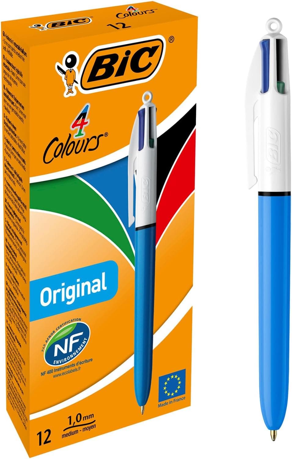BIC 4 Colours Original Retractable Comfortable Ballpoint Pens - Box of 12 - Medium Point (1.0 mm) - Precision Writing