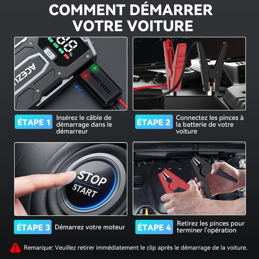 Battery Jump Starter, 6000A Jump Smart(10.0L Gas/8.0L Diesel), Portable Car Starter Battery Pack with Extended Smart Jumper Cables, Car Jump Starter with Large Display, Quick Charge, Lights - 7