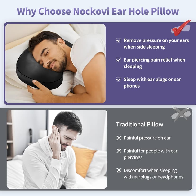 Nockovi Coussin de piercing d'oreille pour personnes dormant sur le côté, soutien orthopédique avec trou d'oreille et housse amovible, 30,5 x 48,3 cm pour oreilles percées - 4