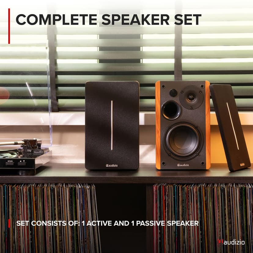 Audizio KS01B Active Bluetooth Bookshelf Speakers, 120W HiFi Home Audio Set, Wood Finish, Optical & RCA Inputs, USB Playback, Wireless Remote, Bass & Treble Controls, Compact Stereo Speakers - 2