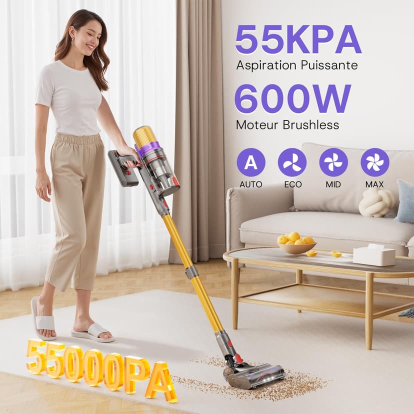 Aodebiao V16 Aspirateur Balai sans Fil 55Kpa/600W/80Mins, Aspirateur sans Fil Puissant, Écrans Tactiles LED, Mode Automatique, Brosse Anti-Emmêlement pour Tapis, Sols Durs et Poils d'animaux - 2