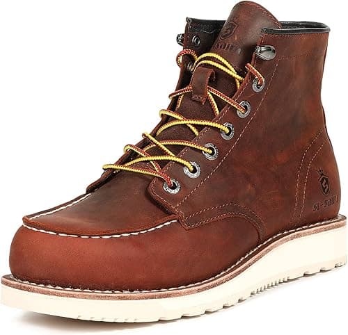 SL-Saint Men’s Work Boots Soft Moc Toe Classic Ankle Fashion Casual 6'' Wedge Industrial Construction Shoes Brown/Black (Wedge Sole, Brown, Adult, Men, 8.5, Numeric, UK Footwear Size System, Wide)